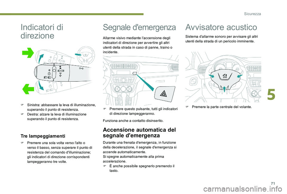 Peugeot 301 2017  Manuale del proprietario (in Italian) 71
Indicatori di 
direzione
F Sinistra: abbassare la leva di illuminazione, superando il punto di resistenza.
F
 
D
 estra: alzare la leva di illuminazione 
superando il punto di resistenza.
Tre lampe