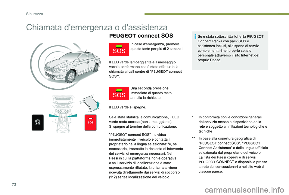 Peugeot 301 2017  Manuale del proprietario (in Italian) 72
Chiamata d'emergenza o d'assistenza
PEUGEOT connect SOS
* In conformità con le condizioni generali 
del servizio messo a disposizione dalla 
rete e soggetto a limitazioni tecnologiche e 
t