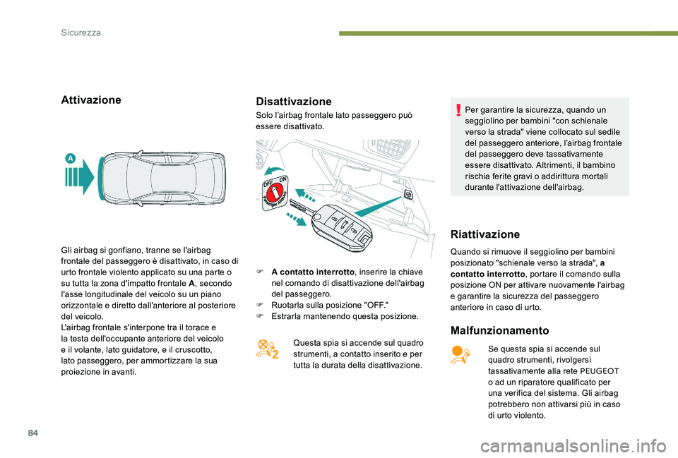 Peugeot 301 2017  Manuale del proprietario (in Italian) 84
AttivazioneDisattivazione
Malfunzionamento
Se questa spia si accende sul 
quadro strumenti, rivolgersi 
tassativamente alla rete PEUGEOT 
o ad un riparatore qualificato per 
una verifica del sistem
