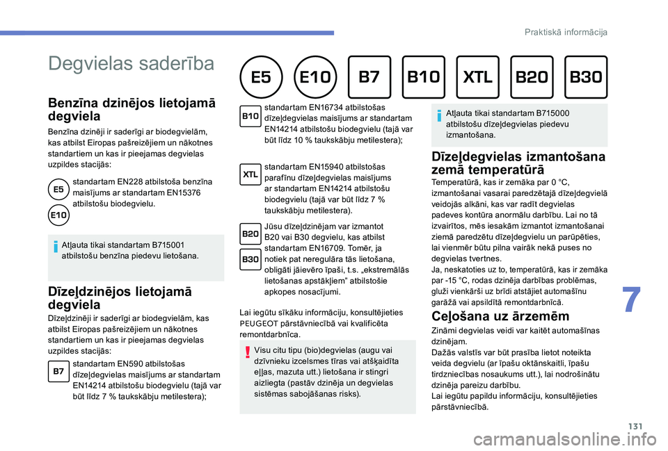 Peugeot 301 2017 Īpašnieka rokasgrāmata (in Latvian) 131
Benzīna dzinējos lietojamā
degviela
Benzīna dzinēji ir saderīgi ar biodegvielām,
kas atbilst Eiropas pašreizējiem un nākotnes
standartiem un kas ir pieejamas degvielas
uzpildes staci Peugeot 301 2017 Īpašnieka rokasgrāmata (in Latvian) 131
Benzīna dzinējos lietojamā
degviela
Benzīna dzinēji ir saderīgi ar biodegvielām,
kas atbilst Eiropas pašreizējiem un nākotnes
standartiem un kas ir pieejamas degvielas
uzpildes staci