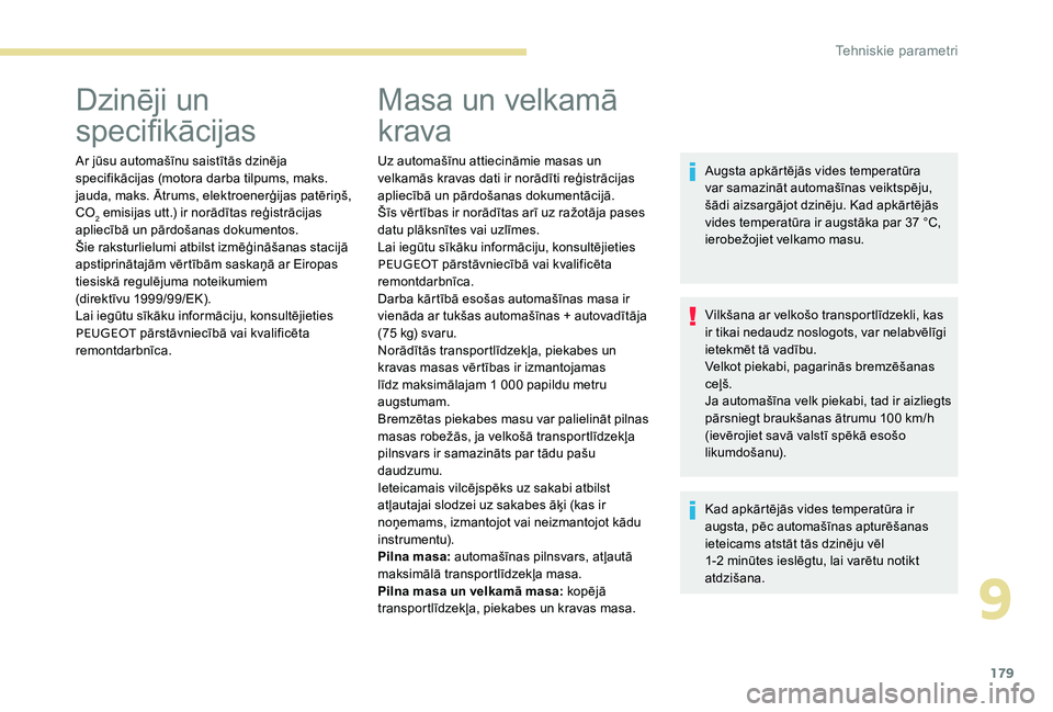 Peugeot 301 2017 Īpašnieka rokasgrāmata (in Latvian) 179
Dzinēji un
specifikācijas
Ar jūsu automašīnu saistītās dzinēja
specifikācijas (motora darba tilpums, maks.
jauda, maks. Ātrums, elektroenerģijas patēriņš,
CO
2 emisijas utt.) ir Peugeot 301 2017 Īpašnieka rokasgrāmata (in Latvian) 179
Dzinēji un
specifikācijas
Ar jūsu automašīnu saistītās dzinēja
specifikācijas (motora darba tilpums, maks.
jauda, maks. Ātrums, elektroenerģijas patēriņš,
CO
2 emisijas utt.) ir