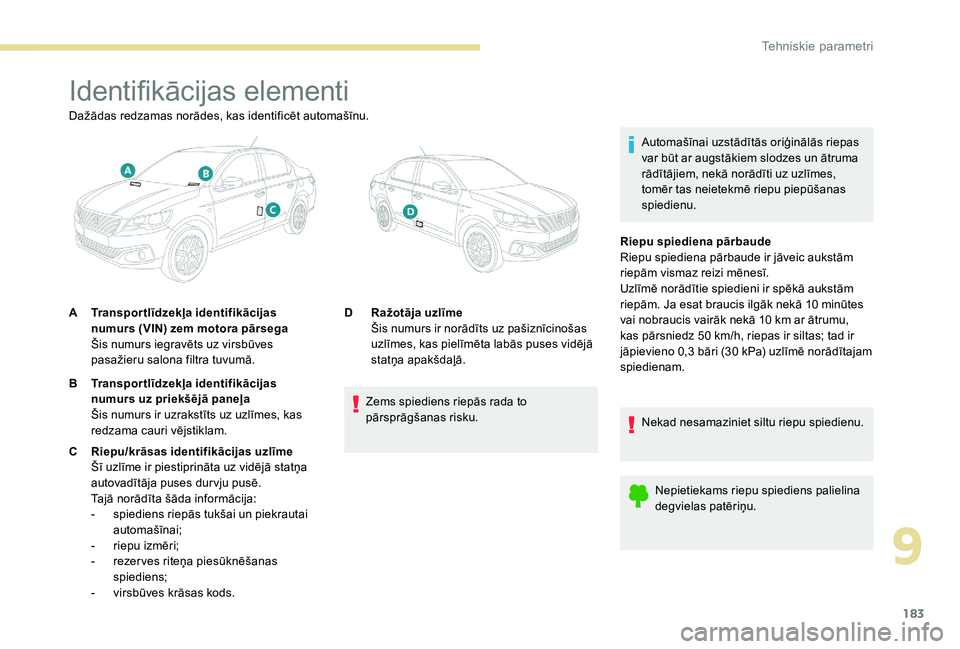 Peugeot 301 2017 Īpašnieka rokasgrāmata (in Latvian) 183
Identifikācijas elementi
Automašīnai uzstādītās oriģinālās riepas
var būt ar augstākiem slodzes un ātruma
rādītājiem, nekā norādīti uz uzlīmes,
tomēr tas neietekmē riepu pi Peugeot 301 2017 Īpašnieka rokasgrāmata (in Latvian) 183
Identifikācijas elementi
Automašīnai uzstādītās oriģinālās riepas
var būt ar augstākiem slodzes un ātruma
rādītājiem, nekā norādīti uz uzlīmes,
tomēr tas neietekmē riepu pi