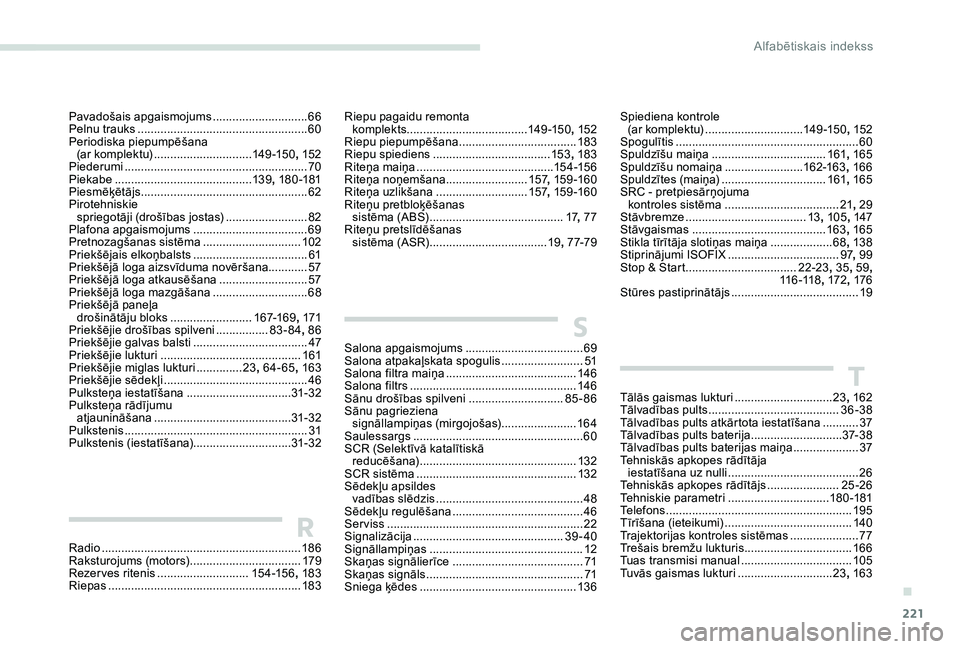 Peugeot 301 2017 Īpašnieka rokasgrāmata (in Latvian) 221
Tālās gaismas lukturi ..............................23, 162
Tālvadības pults ........................................ 3
6-38
Tālvadības pults atkārtota iestatīšana
...........3
7
Tāl Peugeot 301 2017 Īpašnieka rokasgrāmata (in Latvian) 221
Tālās gaismas lukturi ..............................23, 162
Tālvadības pults ........................................ 3
6-38
Tālvadības pults atkārtota iestatīšana
...........3
7
Tāl
