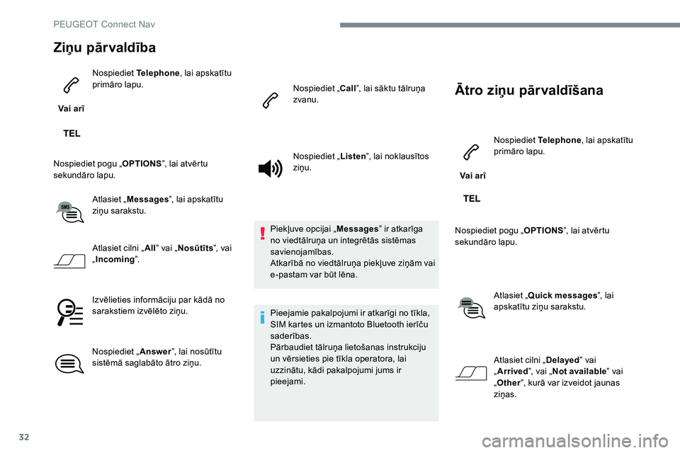 Peugeot 301 2017  Īpašnieka rokasgrāmata (in Latvian) 32
Ziņu pārvaldība
Vai arīNospiediet 
Telephone, lai apskatītu 
primāro lapu.
Nospiediet pogu „ OPTIONS”, lai atvērtu 
sekundāro lapu.
Atlasiet „Messages ”, lai apskatītu 
ziņu sarak Peugeot 301 2017  Īpašnieka rokasgrāmata (in Latvian) 32
Ziņu pārvaldība
Vai arīNospiediet 
Telephone, lai apskatītu 
primāro lapu.
Nospiediet pogu „ OPTIONS”, lai atvērtu 
sekundāro lapu.
Atlasiet „Messages ”, lai apskatītu 
ziņu sarak