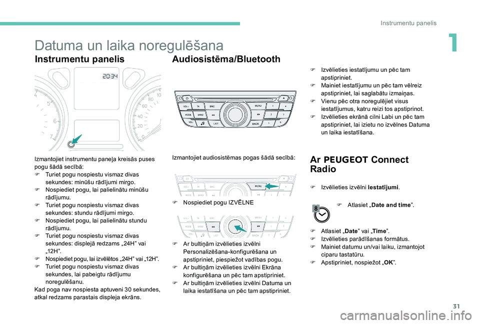 Peugeot 301 2017 Īpašnieka rokasgrāmata (in Latvian) 31
Datuma un laika noregulēšana
Instrumentu panelisAudiosistēma/Bluetooth
Ar PEUGEOT Connect
Radio
Izmantojiet instrumentu paneļa kreisās puses
pogu šādā secībā:
F
T
uriet pogu nospies Peugeot 301 2017 Īpašnieka rokasgrāmata (in Latvian) 31
Datuma un laika noregulēšana
Instrumentu panelisAudiosistēma/Bluetooth
Ar PEUGEOT Connect
Radio
Izmantojiet instrumentu paneļa kreisās puses
pogu šādā secībā:
F
T
uriet pogu nospies