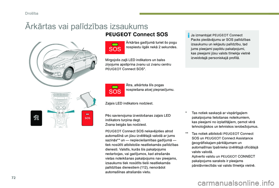 Peugeot 301 2017  Īpašnieka rokasgrāmata (in Latvian) 72
Ārkārtas vai palīdzības izsaukums
PEUGEOT Connect SOS
* Tas notiek saskaņā ar vispārīgajiem 
pakalpojuma lietošanas noteikumiem, 
kas pieejami no izplatītājiem, ņemot vērā 
tehnoloģi