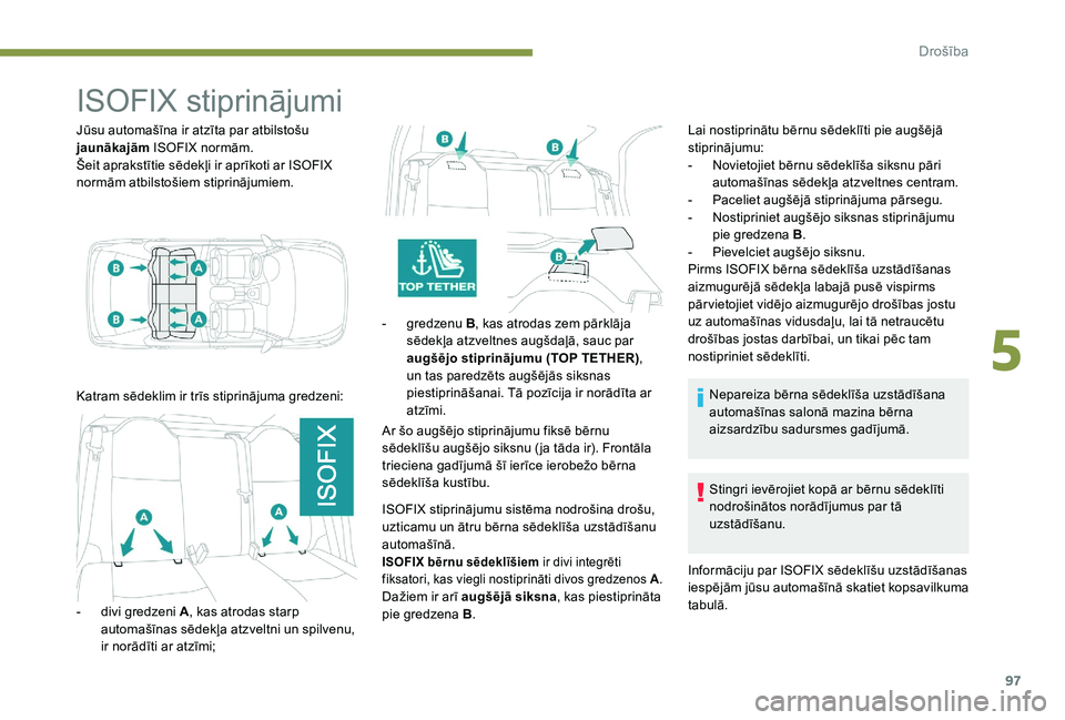 Peugeot 301 2017 Īpašnieka rokasgrāmata (in Latvian) 97
ISOFIX stiprinājumi
Jūsu automašīna ir atzīta par atbilstošu
jaunākajām ISOFIX normām.
Šeit aprakstītie sēdekļi ir aprīkoti ar ISOFIX
normām atbilstošiem stiprinājumiem.
Katram s Peugeot 301 2017 Īpašnieka rokasgrāmata (in Latvian) 97
ISOFIX stiprinājumi
Jūsu automašīna ir atzīta par atbilstošu
jaunākajām ISOFIX normām.
Šeit aprakstītie sēdekļi ir aprīkoti ar ISOFIX
normām atbilstošiem stiprinājumiem.
Katram s