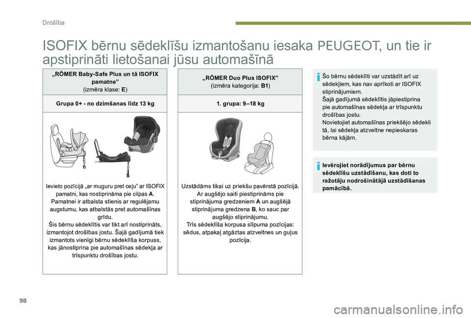 Peugeot 301 2017 Īpašnieka rokasgrāmata (in Latvian) 98
ISOFIX bērnu sēdeklīšu izmantošanu iesaka PEUGEOT, un tie ir
apstiprināti lietošanai jūsu automašīnā
„RÖMER Baby- Safe Plus un tā ISOFIX
pamatne”
(izmēra klase: E )
Grupa 0+ - n Peugeot 301 2017 Īpašnieka rokasgrāmata (in Latvian) 98
ISOFIX bērnu sēdeklīšu izmantošanu iesaka PEUGEOT, un tie ir
apstiprināti lietošanai jūsu automašīnā
„RÖMER Baby- Safe Plus un tā ISOFIX
pamatne”
(izmēra klase: E )
Grupa 0+ - n