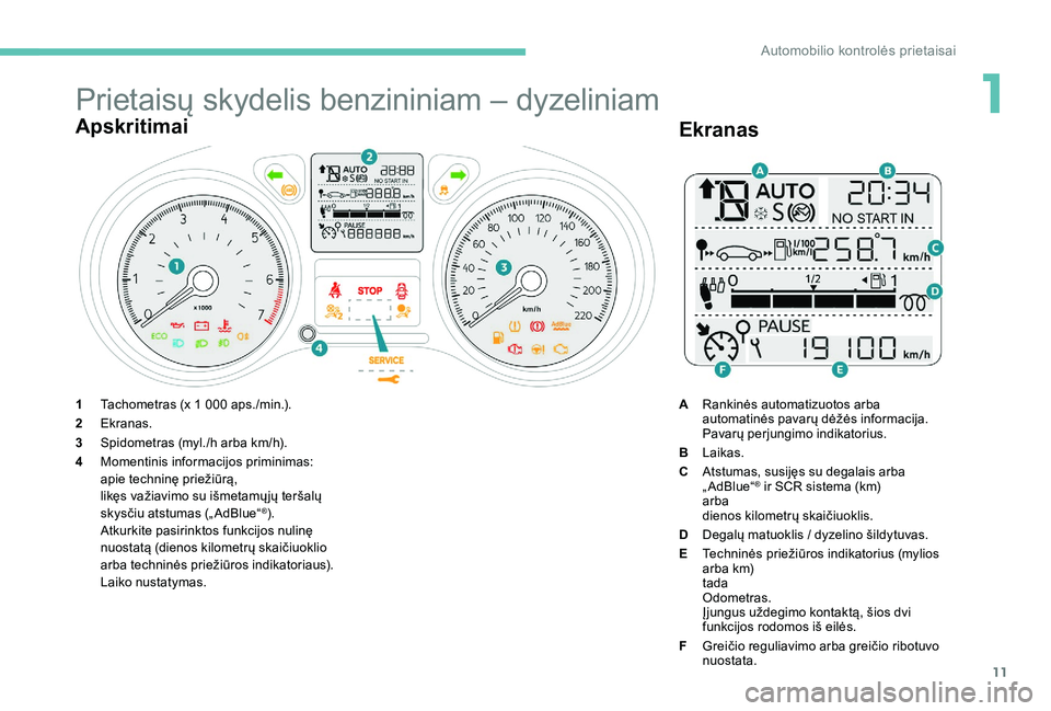 Peugeot 301 2017 Savininko vadovas (in Lithuanian) 11
Prietaisų skydelis benzininiam – dyzeliniam
Apskritimai
1Tachometras (x 1 000 aps./min.).
2 Ekranas.
3 Spidometras (myl./h arba
km/h).
4 Momentinis informacijos priminimas:
apie techninę prie Peugeot 301 2017 Savininko vadovas (in Lithuanian) 11
Prietaisų skydelis benzininiam – dyzeliniam
Apskritimai
1Tachometras (x 1 000 aps./min.).
2 Ekranas.
3 Spidometras (myl./h arba
km/h).
4 Momentinis informacijos priminimas:
apie techninę prie