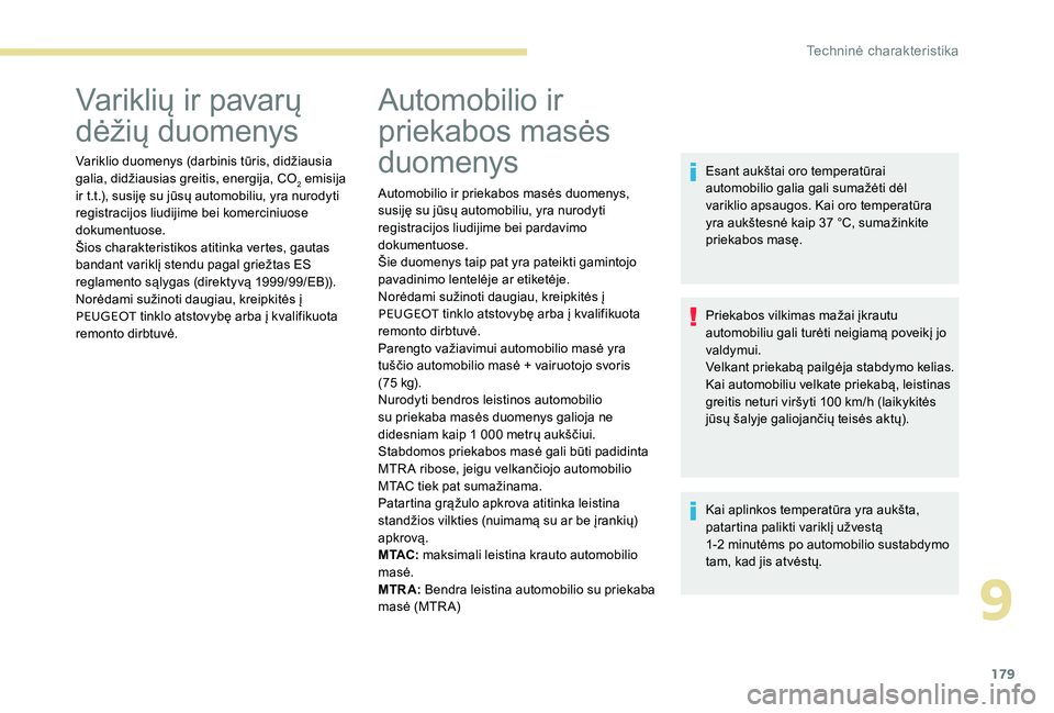 Peugeot 301 2017  Savininko vadovas (in Lithuanian) 179
Variklių ir pavarų 
dėžių duomenys
Variklio duomenys (darbinis tūris, didžiausia 
galia, didžiausias greitis, energija, CO
2 emisija 
ir t.t.), susiję su jūsų automobiliu, yra nurodyti 