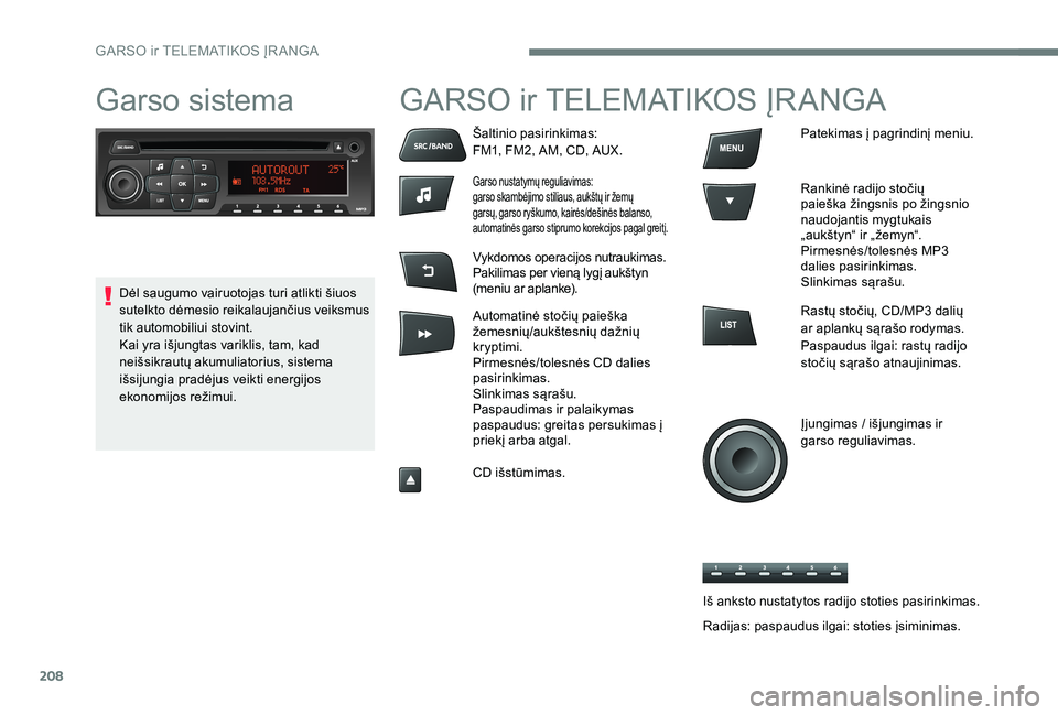 Peugeot 301 2017 Savininko vadovas (in Lithuanian) 208
Garso sistema GARSO ir TELEMATIKOS ĮRANGA
Šaltinio pasirinkimas:
FM1, FM2, AM, CD, AUX.
Garso nustatymų reguliavimas:
garso skambėjimo stiliaus, aukštų ir žemų
garsų, garso ryškumo, kai Peugeot 301 2017 Savininko vadovas (in Lithuanian) 208
Garso sistema GARSO ir TELEMATIKOS ĮRANGA
Šaltinio pasirinkimas:
FM1, FM2, AM, CD, AUX.
Garso nustatymų reguliavimas:
garso skambėjimo stiliaus, aukštų ir žemų
garsų, garso ryškumo, kai