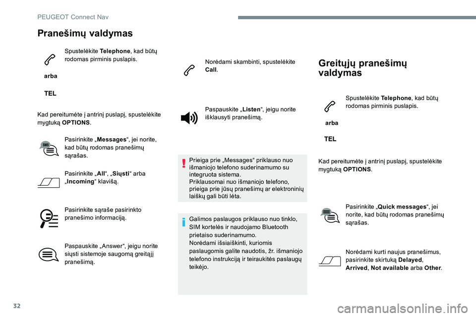 Peugeot 301 2017  Savininko vadovas (in Lithuanian) 32
Pranešimų valdymas
 arba Spustelėkite 
Telephone, kad būtų 
rodomas pirminis puslapis.
Kad pereitumėte į antrinį puslapį, spustelėkite 
mygtuką  OPTIONS .
Pasirinkite „ Messages“, je