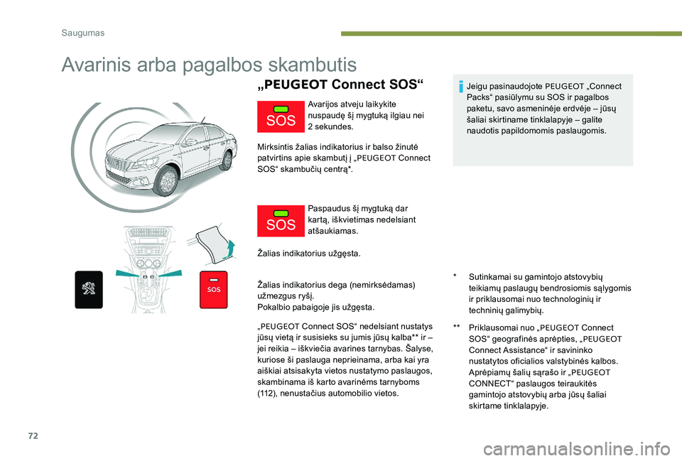 Peugeot 301 2017 Savininko vadovas (in Lithuanian) 72
Avarinis arba pagalbos skambutis
„PEUGEOT Connect SOS“
* Sutinkamai su gamintojo atstovybių
teikiamų paslaugų bendrosiomis sąlygomis
ir priklausomai nuo technologinių ir
techninių gal Peugeot 301 2017 Savininko vadovas (in Lithuanian) 72
Avarinis arba pagalbos skambutis
„PEUGEOT Connect SOS“
* Sutinkamai su gamintojo atstovybių
teikiamų paslaugų bendrosiomis sąlygomis
ir priklausomai nuo technologinių ir
techninių gal
