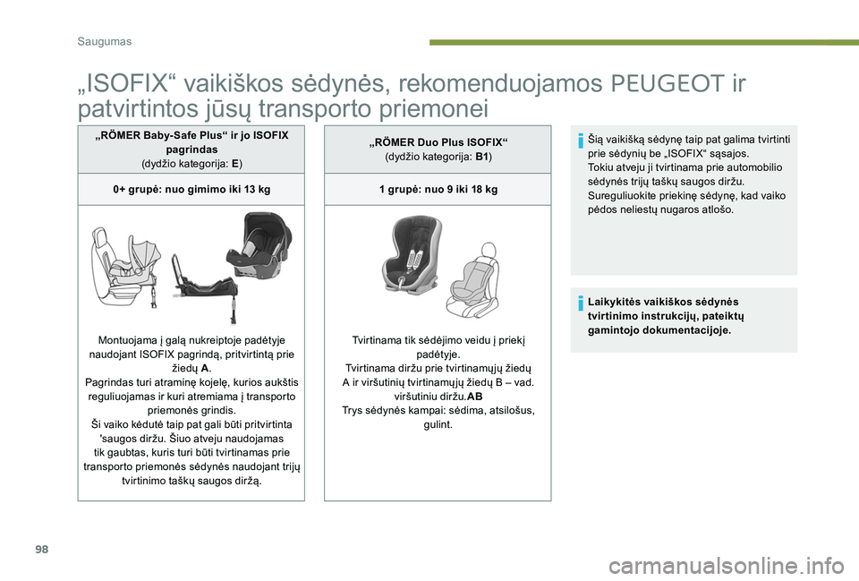 Peugeot 301 2017  Savininko vadovas (in Lithuanian) 98
„ISOFIX“ vaikiškos sėdynės, rekomenduojamos PEUGEOT ir 
patvirtintos jūsų transporto priemonei
„RÖMER Baby- Safe Plus“ ir jo ISOFIX 
pagrindas
(dydžio kategorija:  E)
0+ grupė: nuo 