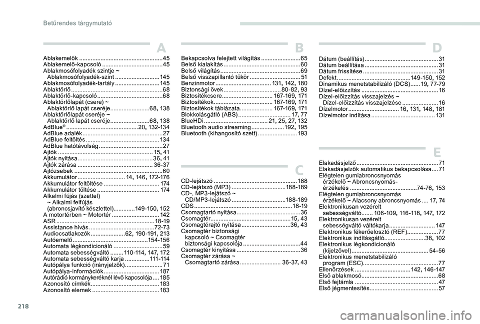 Peugeot 301 2017 Kezelési útmutató (in Hungarian) 218
Ablakemelők ................................................... 45
Ablakemelő-kapcsoló ..................................... 45
Ablakmosófolyadék szintje ~ Ablakmosófolyadék-szint
...... Peugeot 301 2017 Kezelési útmutató (in Hungarian) 218
Ablakemelők ................................................... 45
Ablakemelő-kapcsoló ..................................... 45
Ablakmosófolyadék szintje ~ Ablakmosófolyadék-szint
......