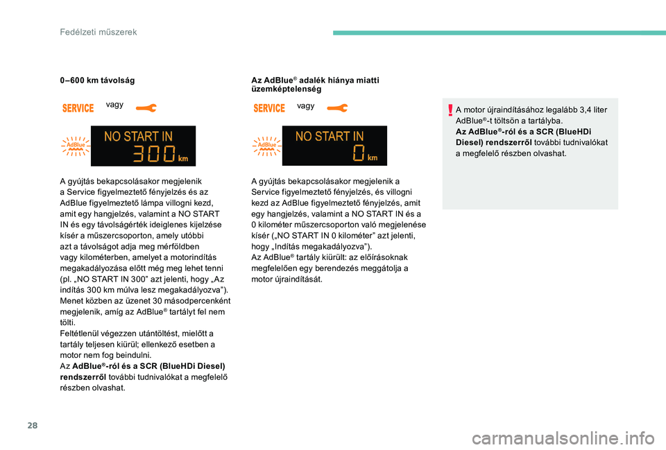 Peugeot 301 2017 Kezelési útmutató (in Hungarian) 28
vagy
0 – 600 km távolság
vagy
Az AdBlue
® adalék hiánya miatti
üzemképtelenség
A motor újraindításához legalább 3,4 liter
AdBlue
®-t töltsön a tartályba.
Az AdBlue®-ról é Peugeot 301 2017 Kezelési útmutató (in Hungarian) 28
vagy
0 – 600 km távolság
vagy
Az AdBlue
® adalék hiánya miatti
üzemképtelenség
A motor újraindításához legalább 3,4 liter
AdBlue
®-t töltsön a tartályba.
Az AdBlue®-ról é
