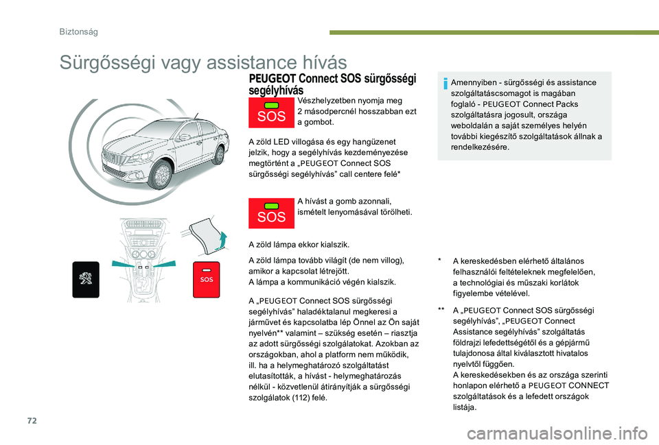 Peugeot 301 2017  Kezelési útmutató (in Hungarian) 72
Sürgősségi vagy assistance hívás
PEUGEOT Connect SOS sürgősségi 
segélyhívás
* A kereskedésben elérhető általános 
felhasználói feltételeknek megfelelően, 
a technológiai és m
