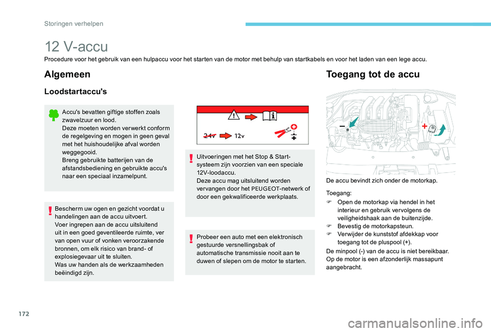 Peugeot 301 2017 Handleiding (in Dutch) 172
12 V- ac c u
Procedure voor het gebruik van een hulpaccu voor het starten van de motor met behulp van startkabels en voor het laden van een lege accu.
Algemeen
Loodstartaccu's
Accu's beva Peugeot 301 2017 Handleiding (in Dutch) 172
12 V- ac c u
Procedure voor het gebruik van een hulpaccu voor het starten van de motor met behulp van startkabels en voor het laden van een lege accu.
Algemeen
Loodstartaccu's
Accu's beva