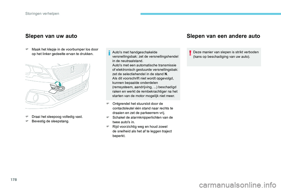 Peugeot 301 2017 Handleiding (in Dutch) 178
Slepen van uw auto
F Maak het klepje in de voorbumper los door op het linker gedeelte ervan te drukken.
F
D
raai het sleepoog volledig vast.
F
Be
vestig de sleepstang. Auto's met handges Peugeot 301 2017 Handleiding (in Dutch) 178
Slepen van uw auto
F Maak het klepje in de voorbumper los door op het linker gedeelte ervan te drukken.
F
D
raai het sleepoog volledig vast.
F
Be
vestig de sleepstang. Auto's met handges