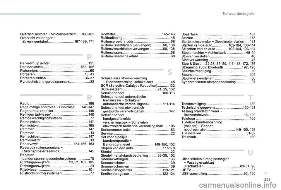 Peugeot 301 2017  Handleiding (in Dutch) 221
Parkeerhulp achter ....................................... 125
Parkeerlichten  ....................................... 163, 165
Plafonniers
 

.....................................................