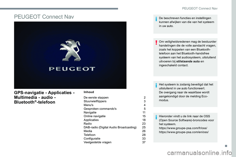 Peugeot 301 2017  Handleiding (in Dutch) 1
PEUGEOT Connect Nav
GPS-navigatie - Applicaties -  
Multimedia - audio - 
Bluetooth
®-telefoon
Inhoud
De eerste stappen  
2
St

uurwielflippers   
3
M

enu's   
4
G

esproken commando's   
