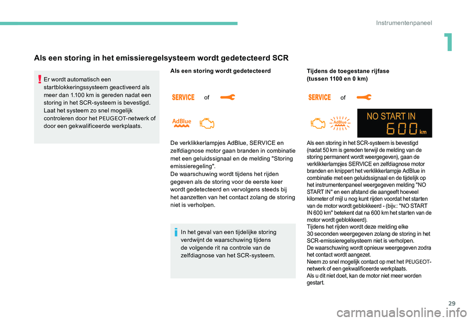 Peugeot 301 2017  Handleiding (in Dutch) 29
Als een storing in het emissieregelsysteem wordt gedetecteerd SCR
Er wordt automatisch een 
startblokkeringssysteem geactiveerd als 
meer dan 1.100  km is gereden nadat een 
storing in het SCR-syst