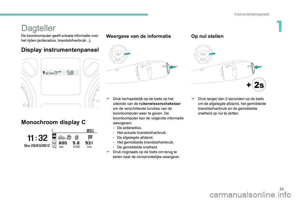 Peugeot 301 2017 Handleiding (in Dutch) 33
Dagteller
De boordcomputer geeft actuele informatie over
het rijden (actieradius, brandstofverbruik...).
Display instrumentenpaneel
Monochroom display C
Weergave van de informatie
F Druk herhaalde Peugeot 301 2017 Handleiding (in Dutch) 33
Dagteller
De boordcomputer geeft actuele informatie over
het rijden (actieradius, brandstofverbruik...).
Display instrumentenpaneel
Monochroom display C
Weergave van de informatie
F Druk herhaalde