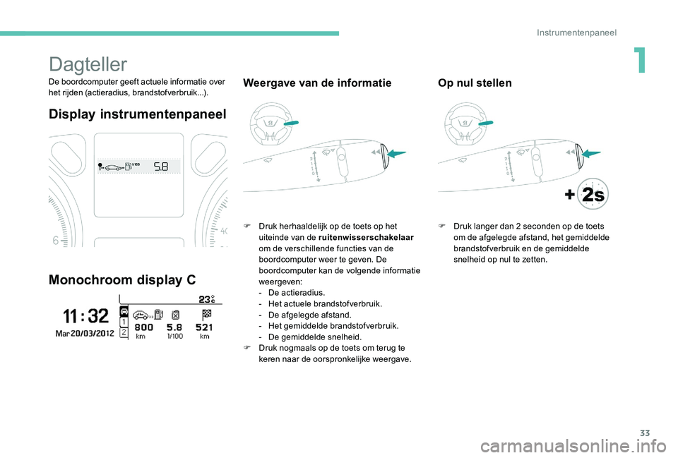 Peugeot 301 2017  Handleiding (in Dutch) 33
Dagteller
De boordcomputer geeft actuele informatie over 
het rijden (actieradius, brandstofverbruik...).
Display instrumentenpaneel
Monochroom display C
Weergave van de informatie
F Druk herhaalde