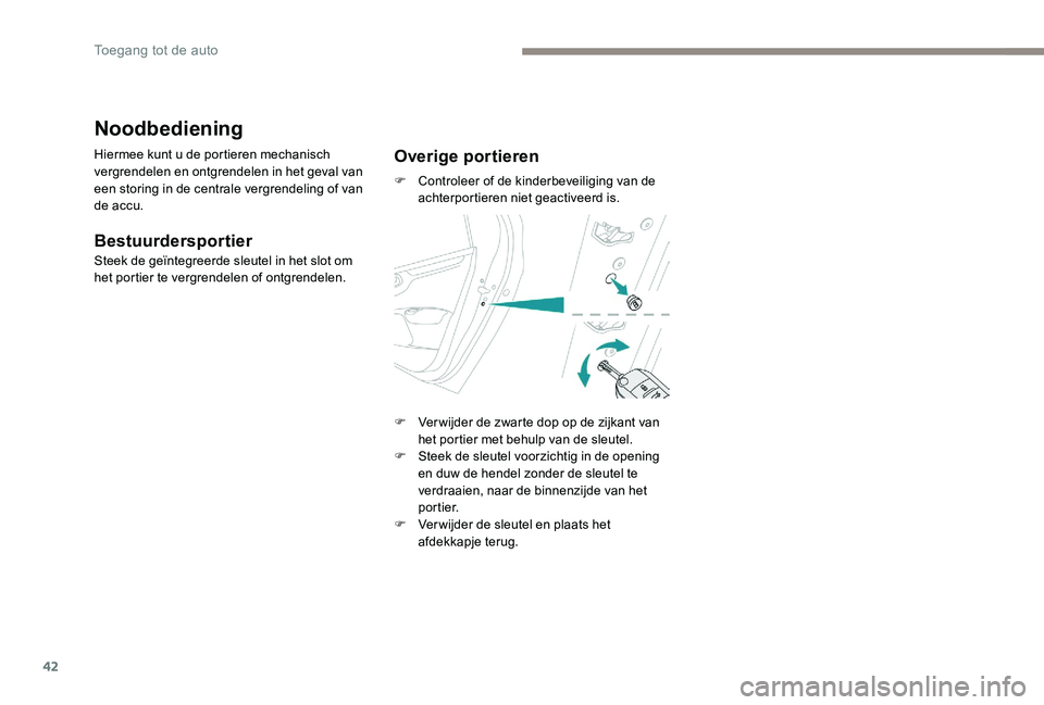 Peugeot 301 2017  Handleiding (in Dutch) 42
Noodbediening
Hiermee kunt u de portieren mechanisch 
vergrendelen en ontgrendelen in het geval van 
een storing in de centrale vergrendeling of van 
de accu.
Bestuurdersportier
Steek de geïntegre