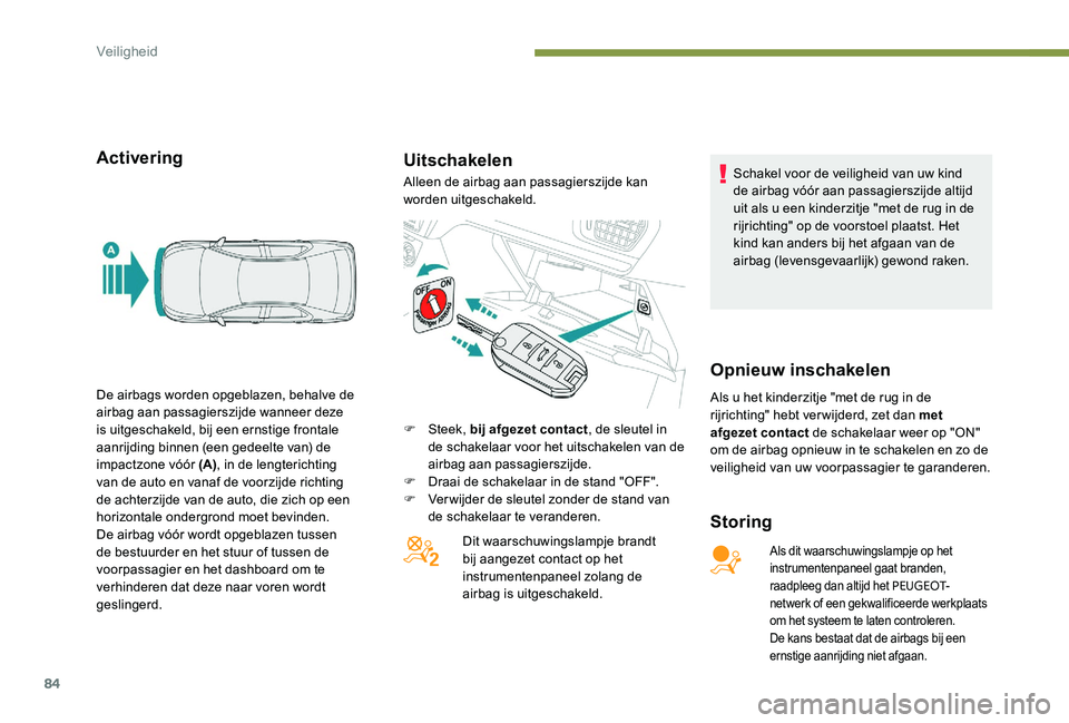 Peugeot 301 2017  Handleiding (in Dutch) 84
ActiveringUitschakelen
Storing
Als dit waarschuwingslampje op het 
instrumentenpaneel gaat branden, 
raadpleeg dan altijd het PEUGEOT-
netwerk of een gekwalificeerde werkplaats 
om het systeem te l