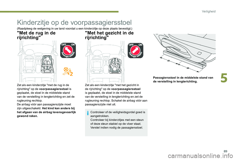 Peugeot 301 2017  Handleiding (in Dutch) 89
Kinderzitje op de voorpassagiersstoel
(Raadpleeg de wetgeving in uw land voordat u een kinderzitje op deze plaats bevestigt.)
"Met de rug in de 
rijrichting""Met het gezicht in de 
rijr