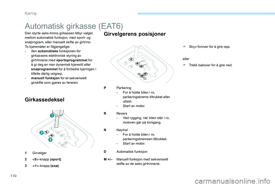 Peugeot 301 2017  Brukerhåndbok (in Norwegian) 110
Automatisk girkasse (EAT6)
Den styrte seks-trinns girkassen tilbyr valget 
mellom automatisk funksjon, med sport- og 
snøprogram, eller manuelt skifte av girtrinn.
To kjøremåter er tilgjengelig