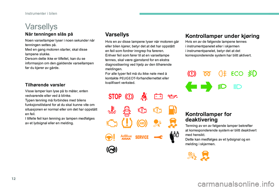Peugeot 301 2017  Brukerhåndbok (in Norwegian) 12
Varsellys
Når tenningen slås på
Noen varsellamper lyser i noen sekunder når 
tenningen settes på.
Med en gang motoren starter, skal disse 
lampene slukke.
Dersom dette ikke er tilfellet, kan d