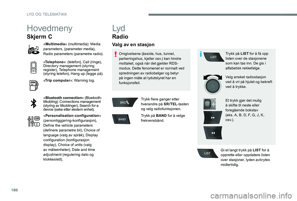 Peugeot 301 2017  Brukerhåndbok (in Norwegian) 186
Hovedmeny
Skjerm C
«Multimedia » (multimedia): Media 
parameters, (parameter media), 
Radio parameters (parametre radio).
« Telephone »: (telefon), Call (ringe), 
Directory management (styring