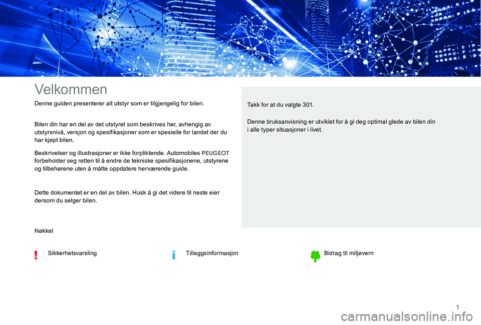 Peugeot 301 2017  Brukerhåndbok (in Norwegian) 1
Velkommen
Bilen din har en del av det utstyret som beskrives her, avhengig av 
utstyrsnivå, versjon og spesifikasjoner som er spesielle for landet der du 
har kjøpt bilen.
Beskrivelser og illustra