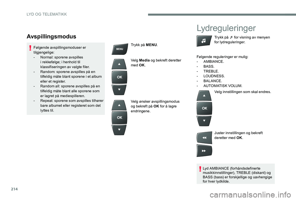 Peugeot 301 2017  Brukerhåndbok (in Norwegian) 214
Lydreguleringer
Lyd AMBIANCE (forhåndsdefinerte 
musikkinnstillinger), TREBLE (diskant) og 
BASS (bass) er forskjellige og uavhengige 
for hver lydkilde.Trykk på ¯ for visning av menyen 
for ly
