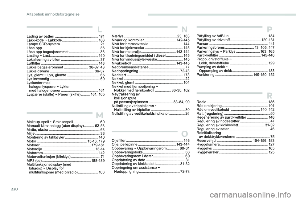 Peugeot 301 2017  Brukerhåndbok (in Norwegian) 220
Makeup-speil ~ Sminkespeil ...........................60
Manuelt klimaanlegg (uten display) .......... 5
2-53
Matte, ekstra
 ..............................

.....................63
Miljø
 

.....