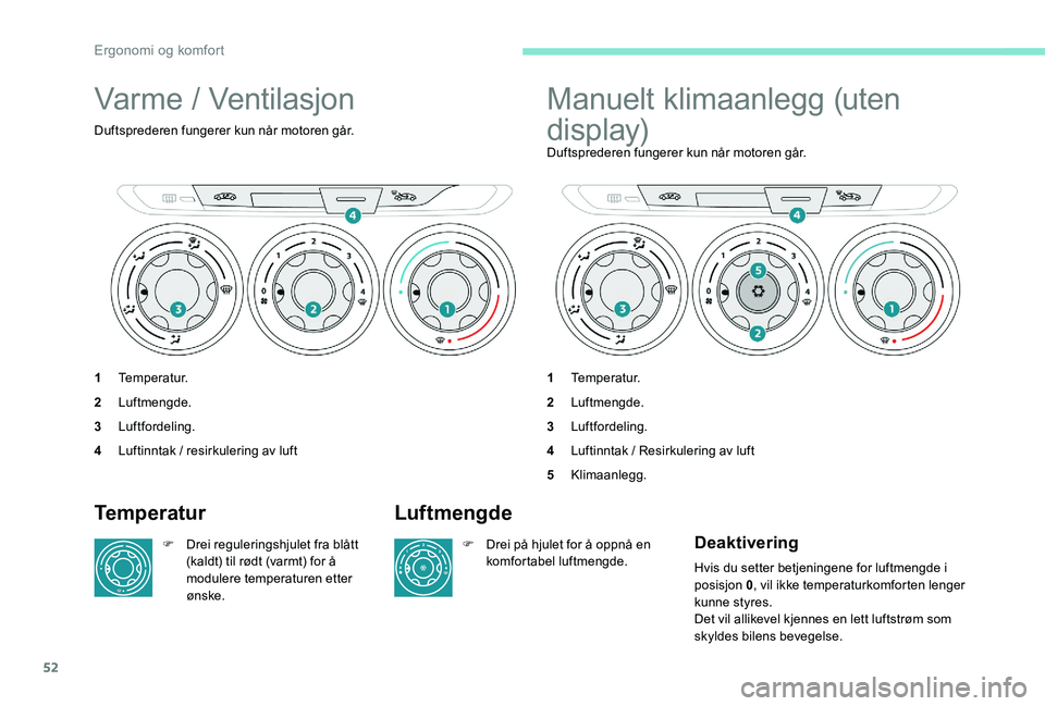Peugeot 301 2017  Brukerhåndbok (in Norwegian) 52
Varme / Ventilasjon
Duftsprederen fungerer kun når motoren går.
1Temperatur.
2 Luftmengde.
3 Luftfordeling.
4 Luftinntak / resirkulering av luft
Manuelt klimaanlegg (uten 
display)
Duftsprederen 