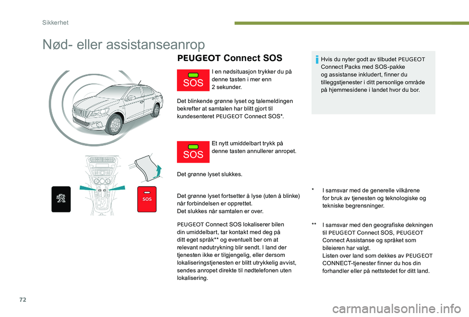 Peugeot 301 2017  Brukerhåndbok (in Norwegian) 72
Nød- eller assistanseanrop
PEUGEOT Connect SOS
* I samsvar med de generelle vilkårene 
for bruk av tjenesten og teknologiske og 
tekniske begrensninger.
**
 
I s
 amsvar med den geografiske dekni
