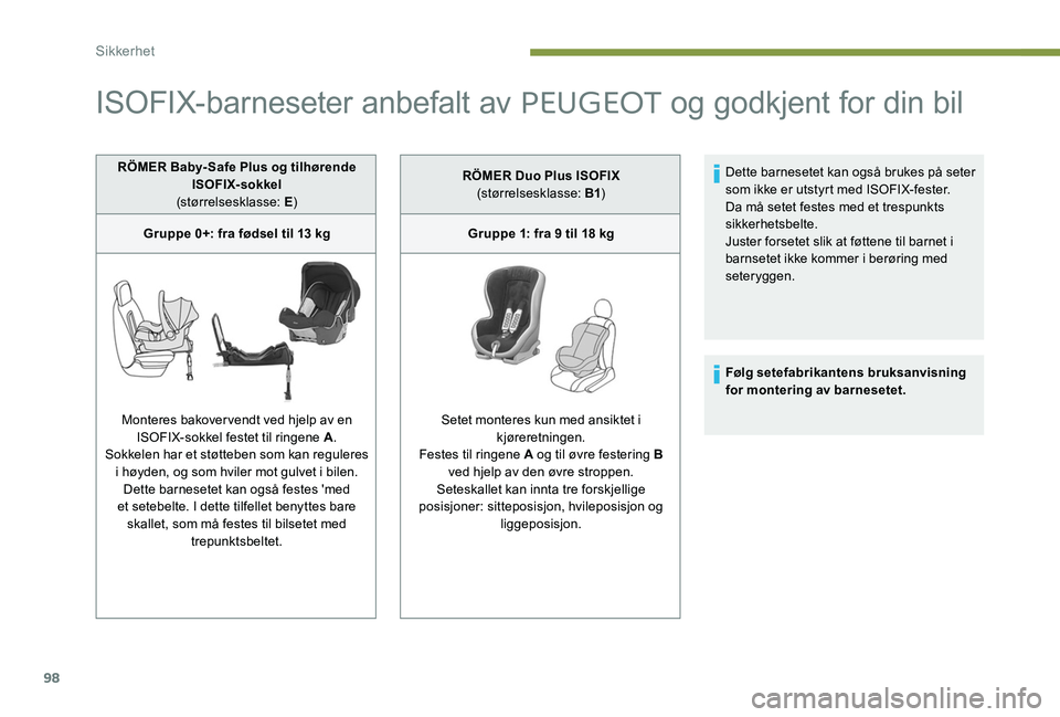 Peugeot 301 2017  Brukerhåndbok (in Norwegian) 98
ISOFIX-barneseter anbefalt av PEUGEOT og godkjent for din bil
RÖMER Baby- Safe Plus og tilhørende 
ISOFIX- sokkel
(størrelsesklasse: E )
Gruppe 0+: fra fødsel til 13
  kg
Monteres bakovervendt 