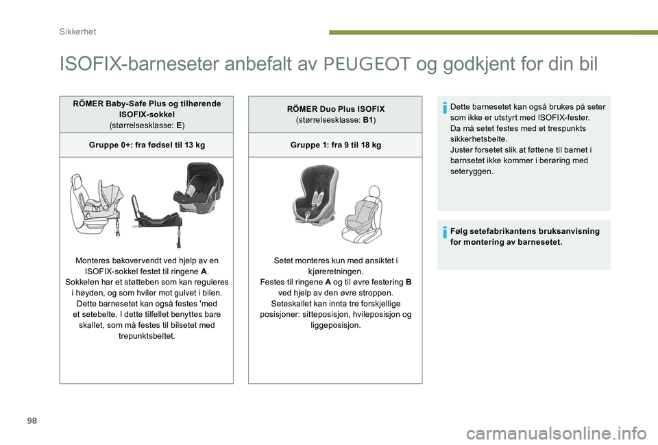 Peugeot 301 2017 Brukerhåndbok (in Norwegian) 98
ISOFIX-barneseter anbefalt av PEUGEOT og godkjent for din bil
RÖMER Baby- Safe Plus og tilhørende
ISOFIX- sokkel
(størrelsesklasse: E )
Gruppe 0+: fra fødsel til 13
kg
Monteres bakovervendt Peugeot 301 2017 Brukerhåndbok (in Norwegian) 98
ISOFIX-barneseter anbefalt av PEUGEOT og godkjent for din bil
RÖMER Baby- Safe Plus og tilhørende
ISOFIX- sokkel
(størrelsesklasse: E )
Gruppe 0+: fra fødsel til 13
kg
Monteres bakovervendt