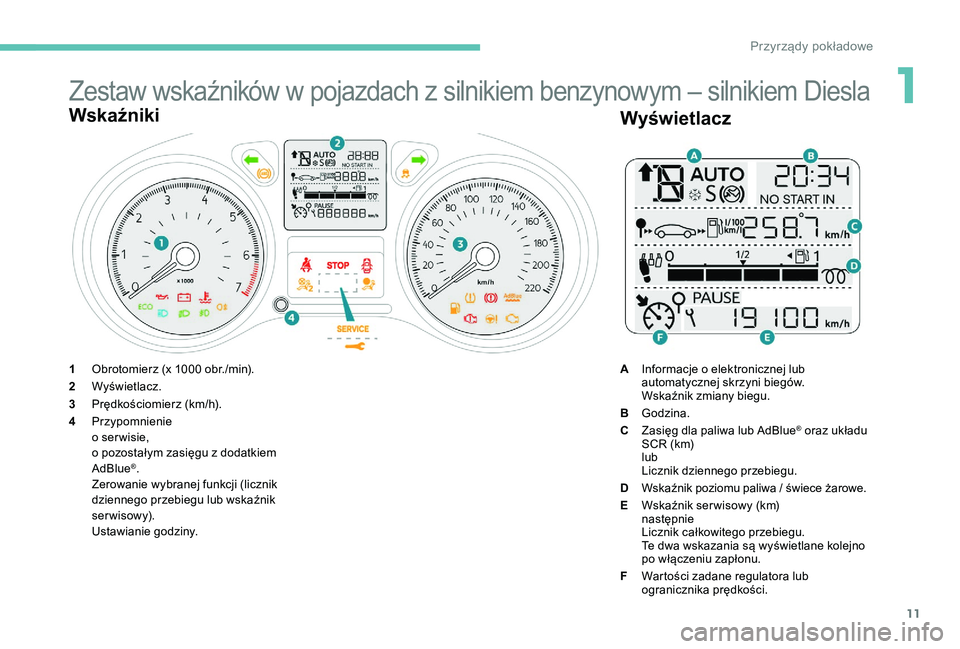 Peugeot 301 2017 Instrukcja Obsługi (in Polish) 11
Zestaw wskaźników w pojazdach z silnikiem benzynowym – silnikiem Diesla
Wskaźniki
1Obrotomierz (x 1000 obr./min).
2 Wyświetlacz.
3 Prędkościomierz (km/h).
4 Przypomnienie
o ser wisie,
o poz Peugeot 301 2017 Instrukcja Obsługi (in Polish) 11
Zestaw wskaźników w pojazdach z silnikiem benzynowym – silnikiem Diesla
Wskaźniki
1Obrotomierz (x 1000 obr./min).
2 Wyświetlacz.
3 Prędkościomierz (km/h).
4 Przypomnienie
o ser wisie,
o poz