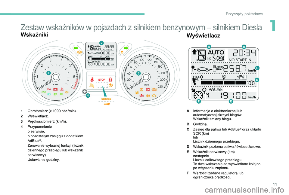 Peugeot 301 2017  Instrukcja Obsługi (in Polish) 11
Zestaw wskaźników w pojazdach z silnikiem benzynowym – silnikiem Diesla
Wskaźniki
1Obrotomierz (x 1000 obr./min).
2 Wyświetlacz.
3 Prędkościomierz (km/h).
4 Przypomnienie
o ser wisie,
o poz