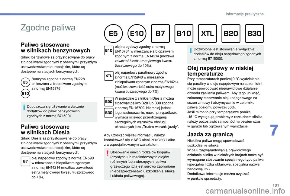 Peugeot 301 2017 Instrukcja Obsługi (in Polish) 131
Paliwo stosowane
w
s
ilnikach benzynowych
Silniki benzynowe są przystosowane do pracy
z
biopaliwami zgodnymi z obecnym i przyszłym
ustawodawstwem europejskim, które są
dostępne na Peugeot 301 2017 Instrukcja Obsługi (in Polish) 131
Paliwo stosowane
w
s
ilnikach benzynowych
Silniki benzynowe są przystosowane do pracy
z
biopaliwami zgodnymi z obecnym i przyszłym
ustawodawstwem europejskim, które są
dostępne na