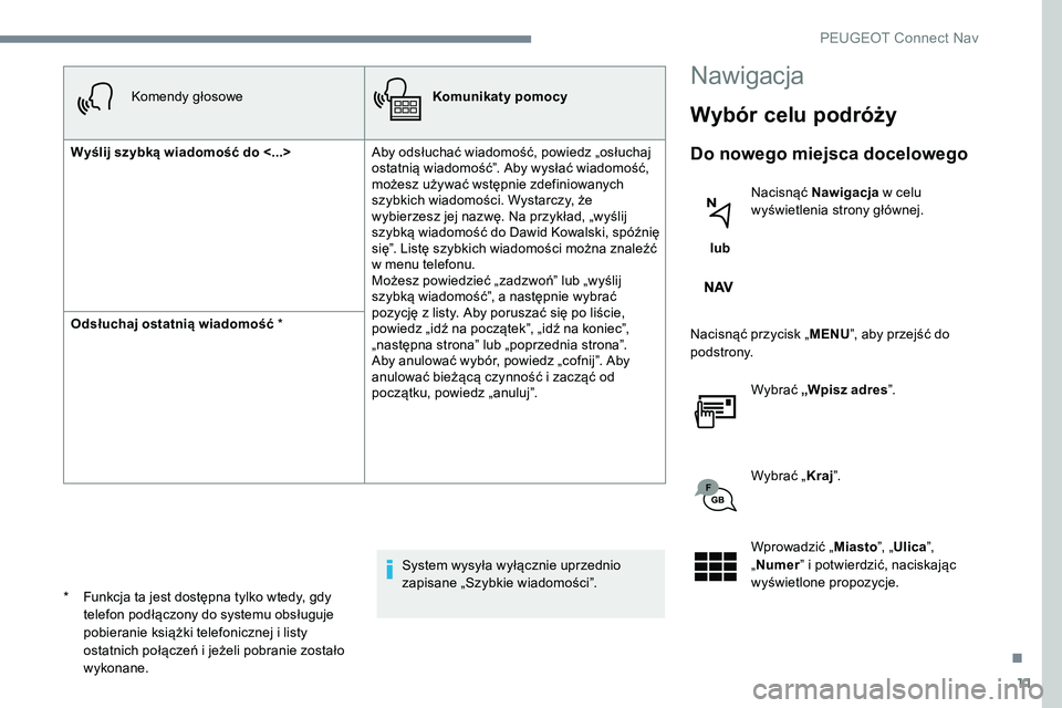 Peugeot 301 2017  Instrukcja Obsługi (in Polish) 11
Komendy głosoweKomunikaty pomocy
Wyślij szybką wiadomość do <...>  Aby odsłuchać wiadomość, powiedz „osłuchaj 
ostatnią wiadomość”. Aby wysłać wiadomość, 
możesz używać wst