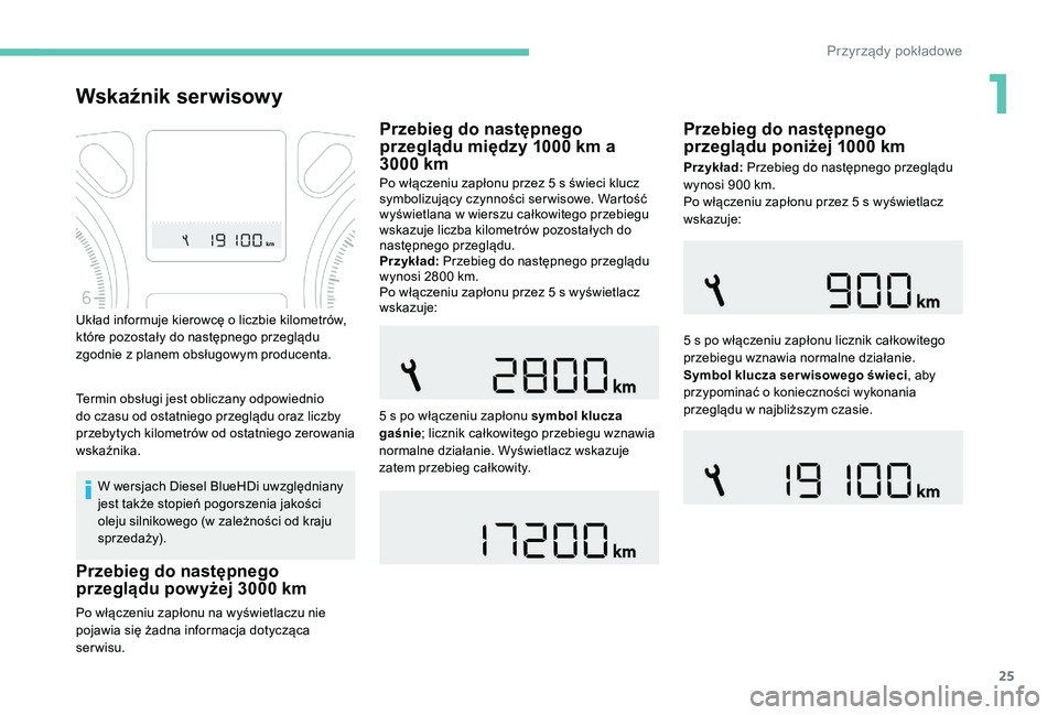 Peugeot 301 2017  Instrukcja Obsługi (in Polish) 25
Wskaźnik serwisowy
W wersjach Diesel BlueHDi uwzględniany 
jest także stopień pogorszenia jakości 
oleju silnikowego (w zależności od kraju 
spr zeda ż y).
Po włączeniu zapłonu na wyświ