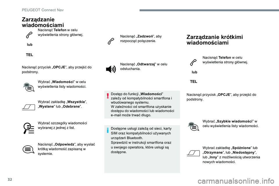 Peugeot 301 2017  Instrukcja Obsługi (in Polish) 32
Zarządzanie 
wiadomościami
 lub Nacisnąć Telefon
 w celu 
wyświetlenia strony głównej.
Nacisnąć przycisk „ OPCJE”, aby przejść do 
podstrony.
Wybrać „Wiadomości ” w celu 
wyśw