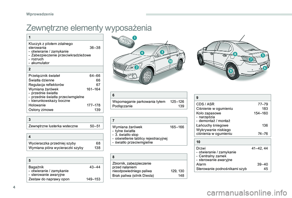 Peugeot 301 2017  Instrukcja Obsługi (in Polish) 4
Zewnętrzne elementy wyposażenia
1
Kluczyk z  pilotem zdalnego 
sterowania
 
3
 6 –38
-
 
o
 twieranie / zamykanie
-
 Z

abezpieczenie przeciwkradzieżowe
-
 r

ozruch
-
 a

kumulator
5
Bagażnik