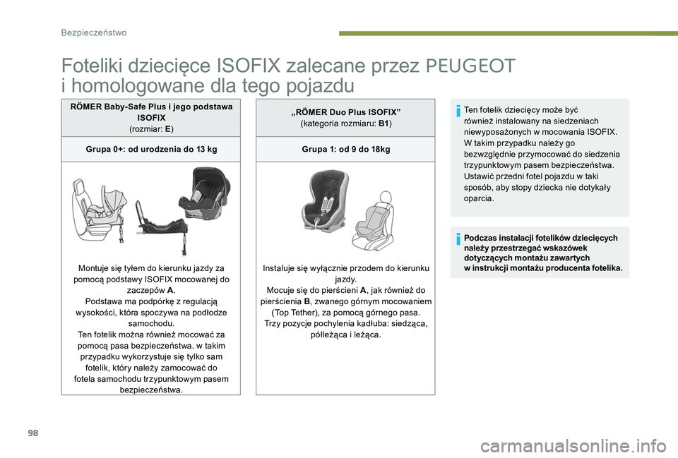 Peugeot 301 2017 Instrukcja Obsługi (in Polish) 98
Foteliki dziecięce ISOFIX zalecane przez PEUGEOT
i homologowane dla tego pojazdu
RÖMER Baby- Safe Plus i jego podstawa
I SOFIX
(rozmiar: E)
Grupa 0+: od urodzenia do 13
kg
Montuje się ty Peugeot 301 2017 Instrukcja Obsługi (in Polish) 98
Foteliki dziecięce ISOFIX zalecane przez PEUGEOT
i homologowane dla tego pojazdu
RÖMER Baby- Safe Plus i jego podstawa
I SOFIX
(rozmiar: E)
Grupa 0+: od urodzenia do 13
kg
Montuje się ty