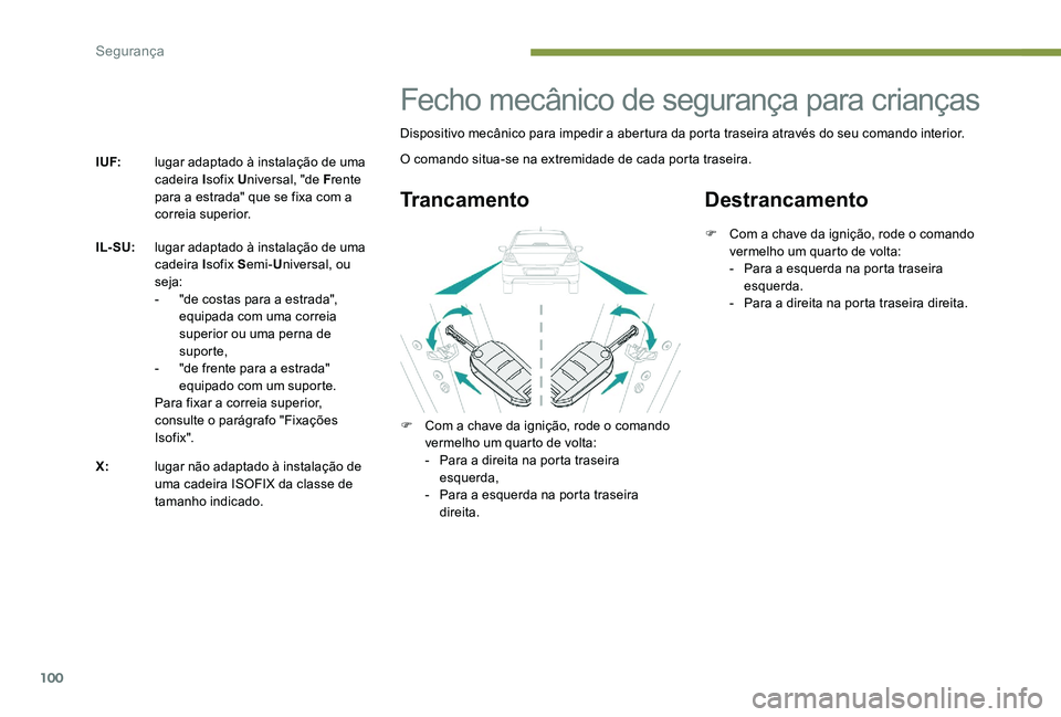 Peugeot 301 2017  Manual do proprietário (in Portuguese) 100
I UF:lugar adaptado à instalação de uma 
cadeira Isofix Universal, "de F rente 
para a estrada" que se fixa com a 
correia superior.
IL- SU: lugar adaptado à instalação de uma 
cadei